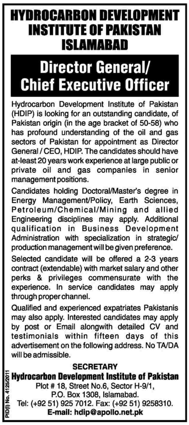 Hydrocarbon Development Institute of Pakistan (Govt Jobs) Requires Chief Executive Officer