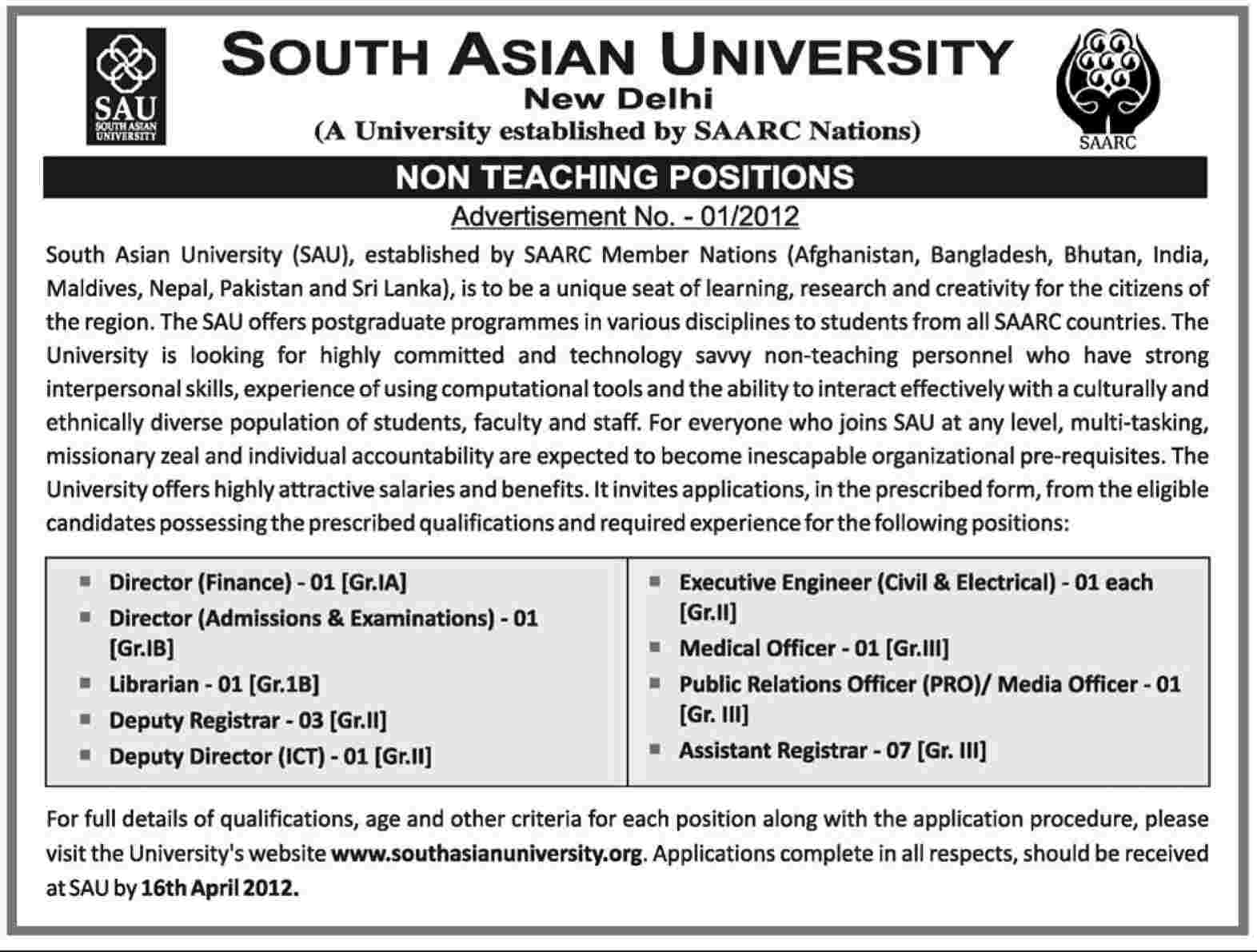 South Asian University Requires Non Teaching Staff