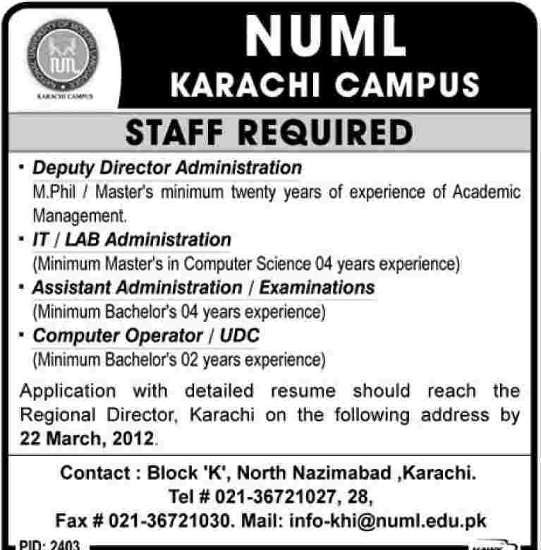 NUML University (Govt) Jobs