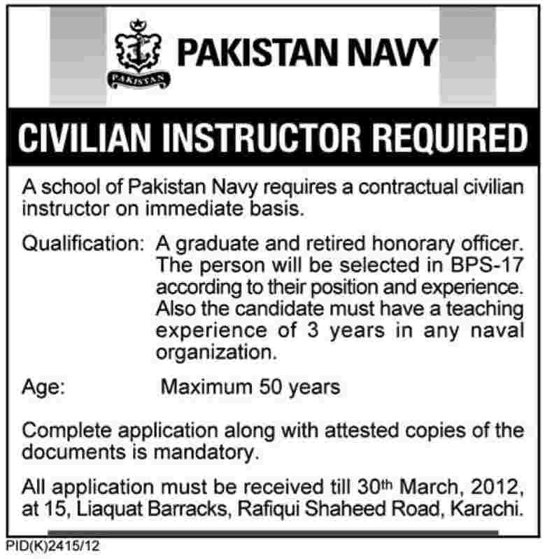 Pakistan Navy (Govt Jobs) Requires Civilian Instructor