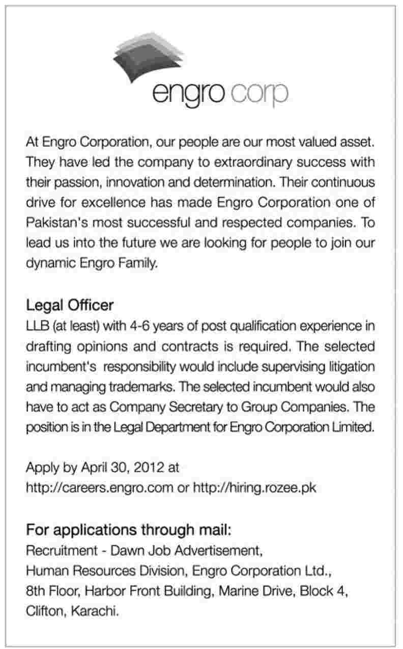 Engro Corporation Requires Legal Officer