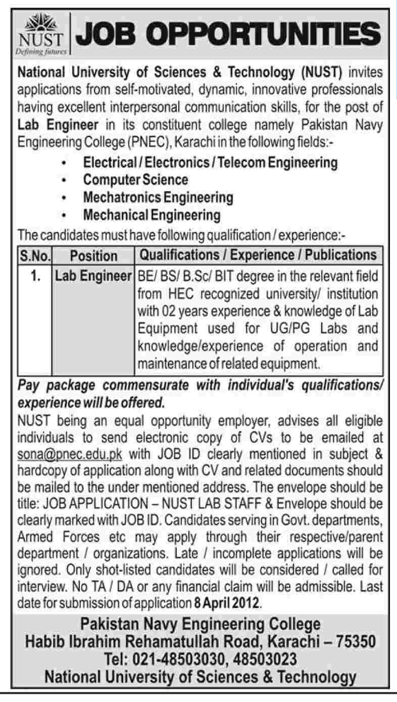 NUST (National University of Science and Technology) Requires Lab Engineer