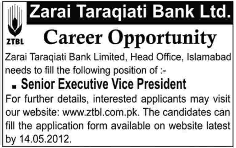 ZTBL (Banking Jobs) Requires Senior Executive Vice President