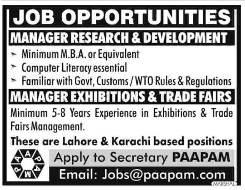 Manager Research & Development and Manager Exhibitions & Trade Fairs Jobs