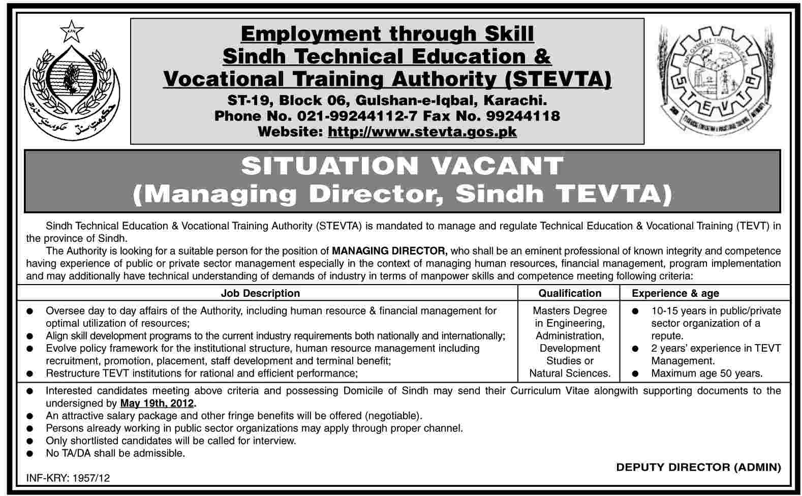 Managing Director Required at STEVTA (Govt. job)