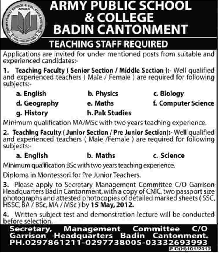Teaching Faculty Required at Army Public School & College