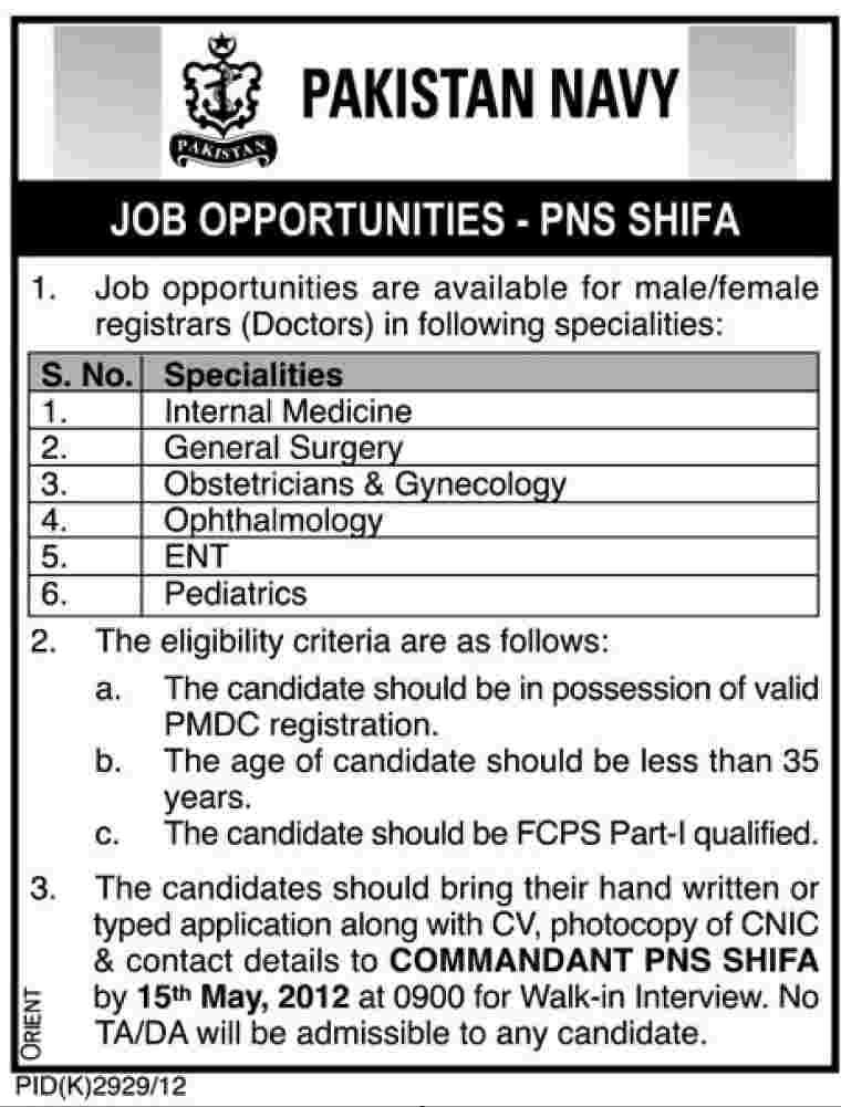Doctors Required at PNS SHIFA  (Pakistan Navy) (Govt. job)