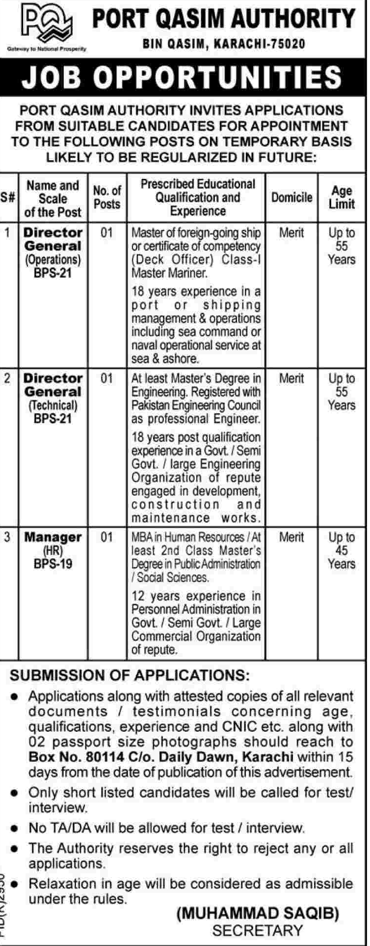Top Management Jobs at Port Qasim Authority