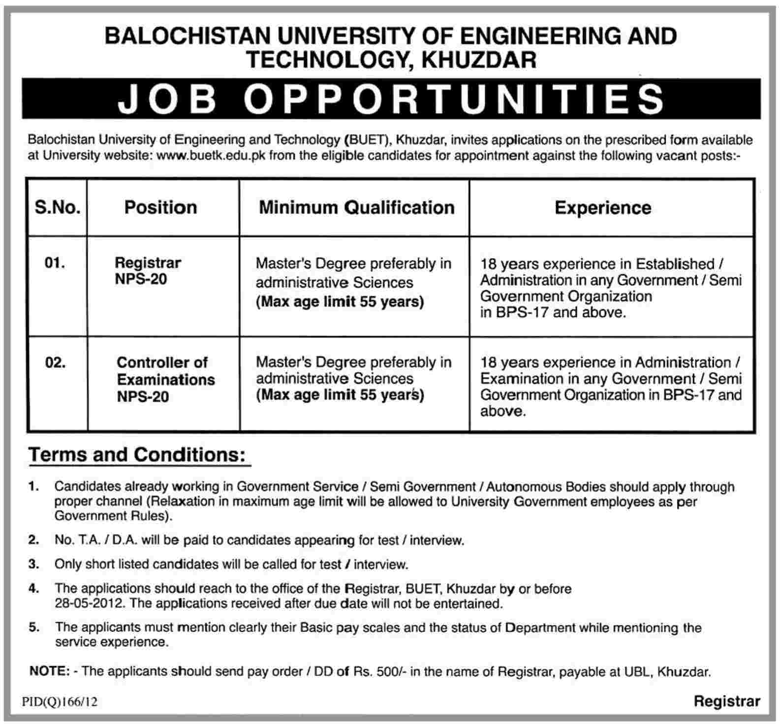 Administrative Job at Balochistan University Engineering and Tehchnology (BUET)