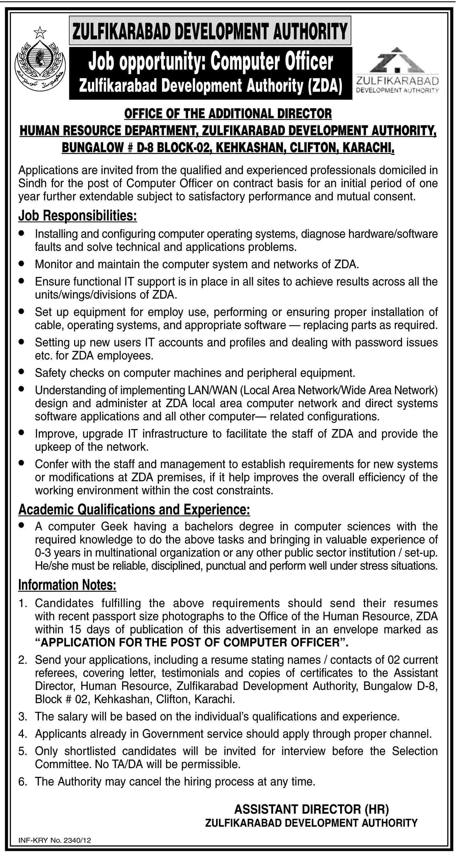 Computer Officer Required at Zulfiqarabad Development Authority (Govt. job)