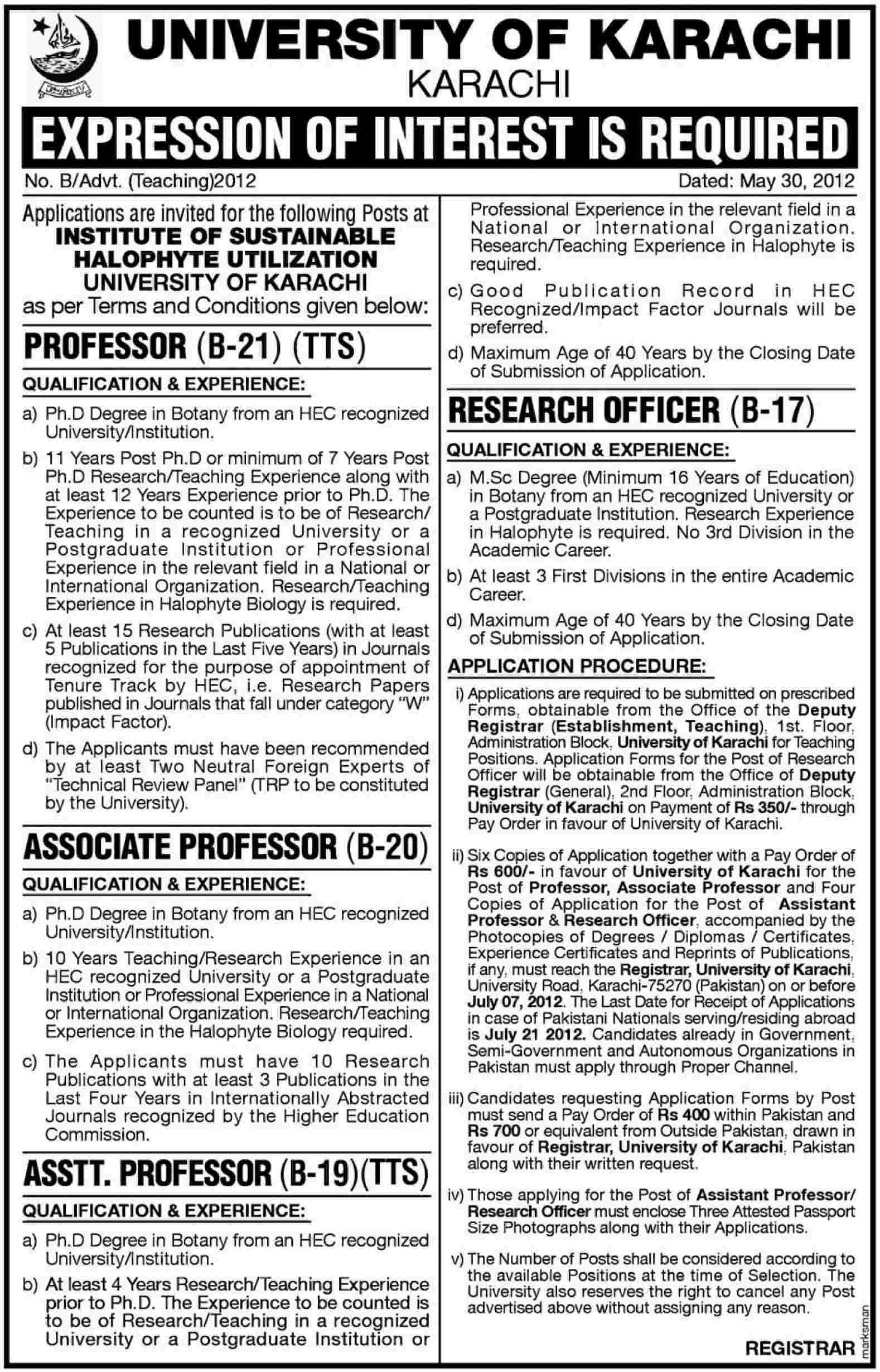 Teaching Faculty Required at University of Karachi