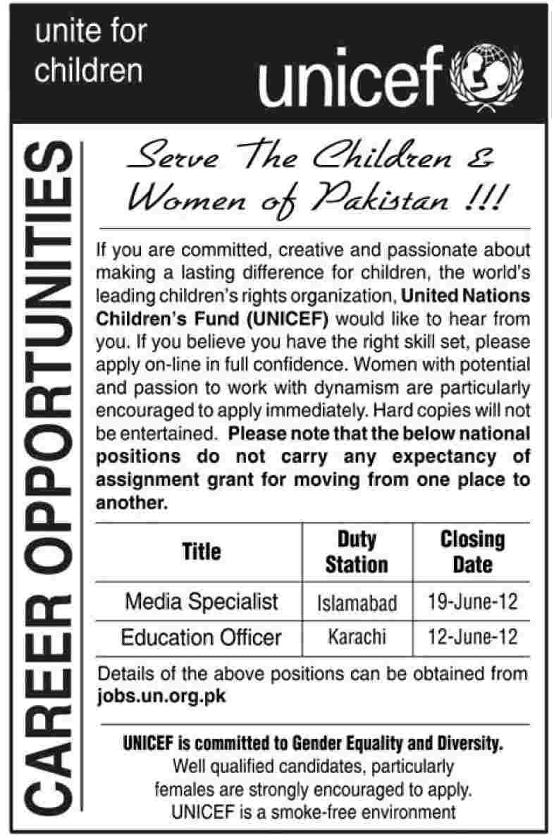 Media Specialist and Education Officer Required (UNICEF) (UN. job)