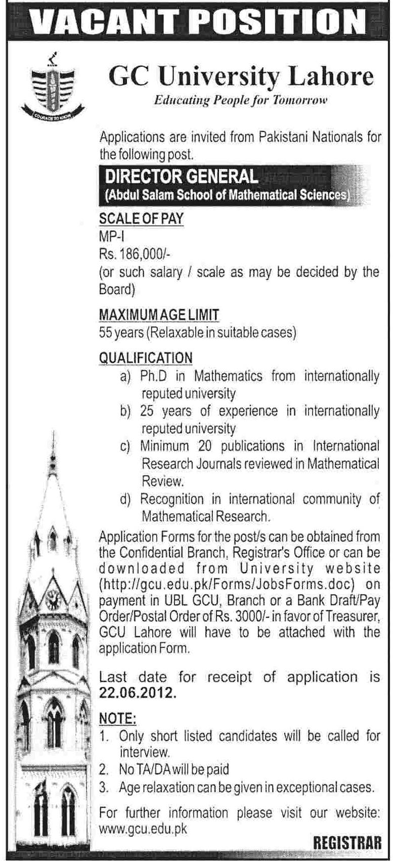 Director General Required at GC University