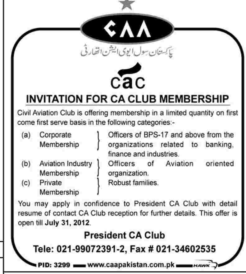 Invitation for CA Club Membership (CAA) (Civil Aviation Authority)