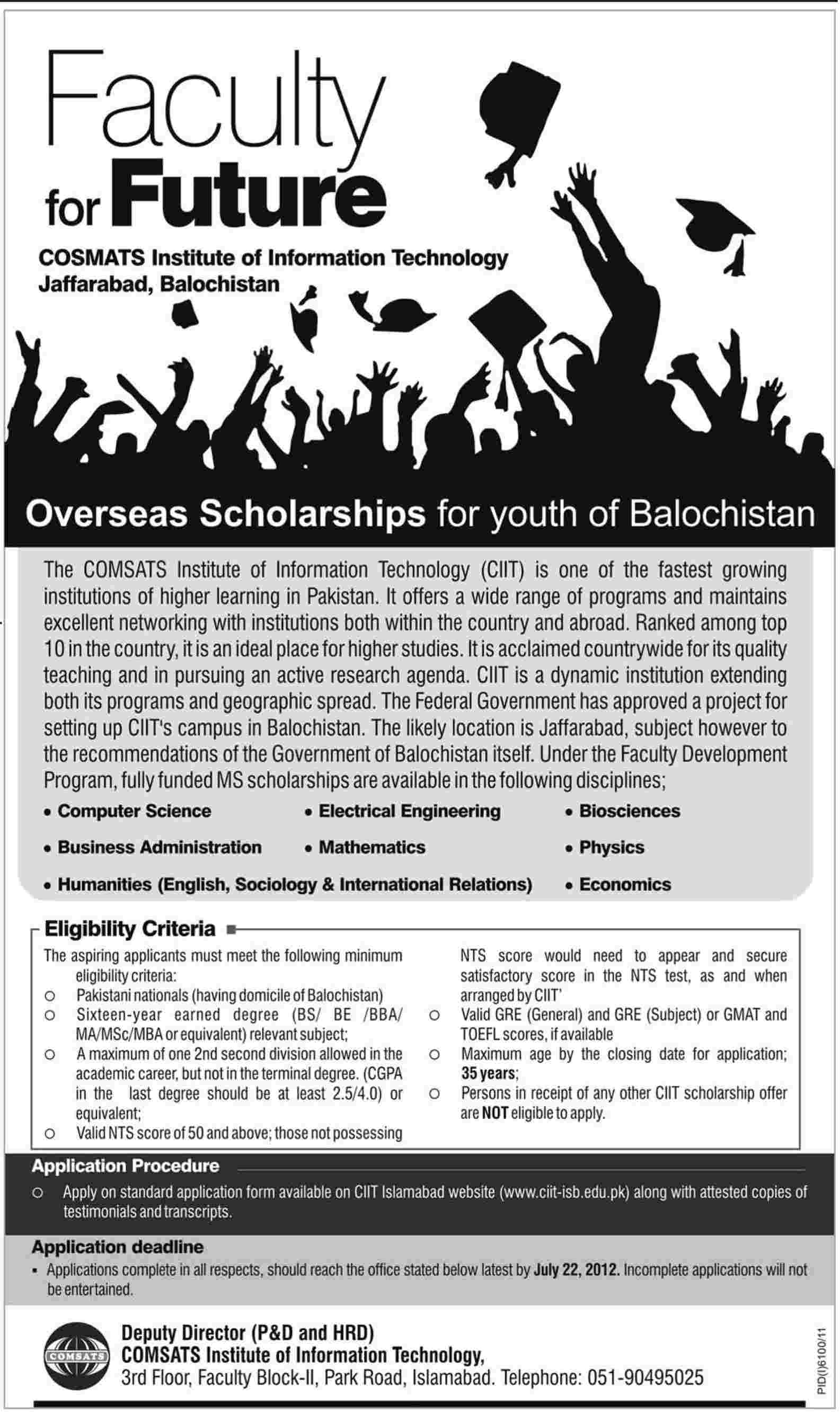 MS Scholarships Offered by COMSATS Institute of Information Technology (CIIT) for Youth of Balochistan