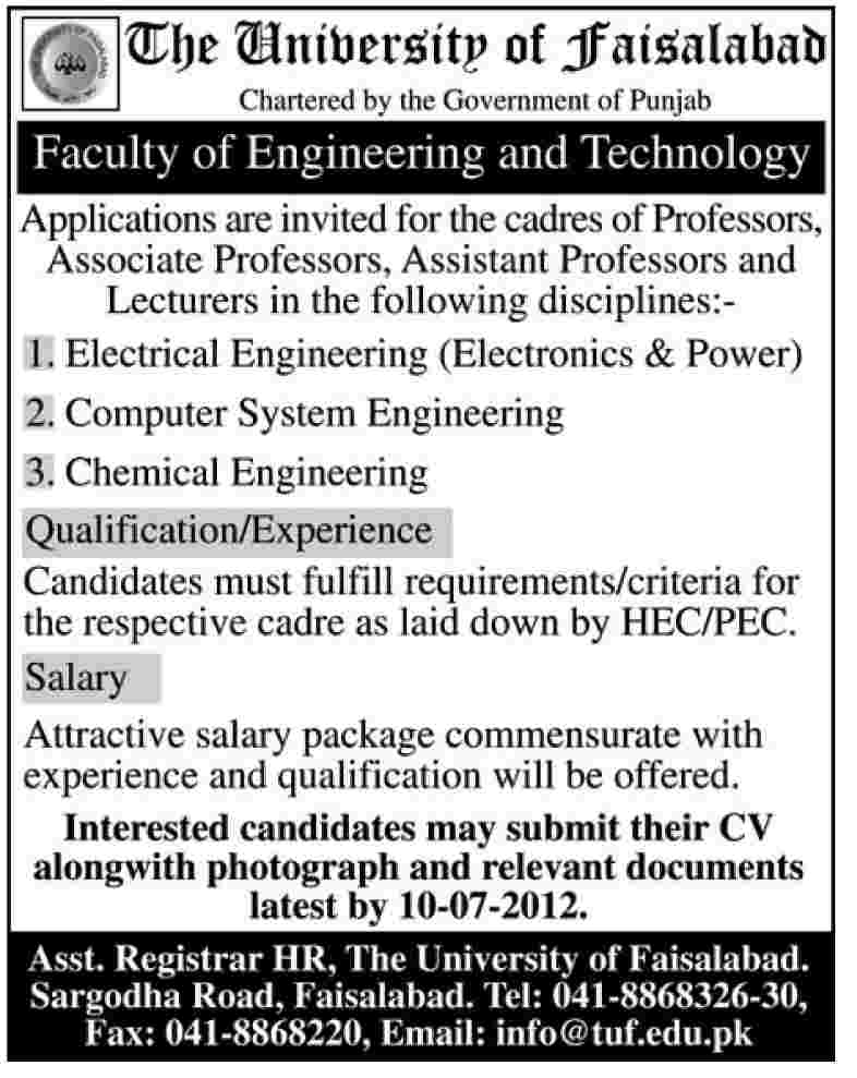 The University of Faisalabad Requires Teaching Faculty of Engineering and Technology (Govt. job)