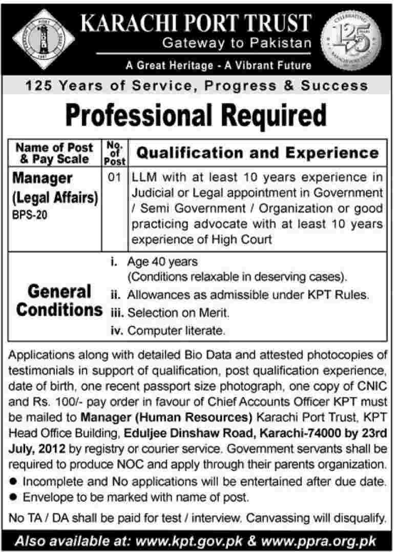 Karachi Port Trust KPT Requires Manager (Legal Affairs) (Govt. job)