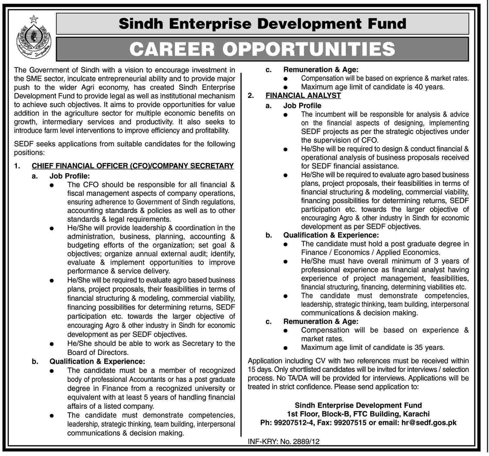 Chief Financial Officer CFO and Financial Analyst Job Under Sindh Enterprise Developmet Fund (SEDF) (Govt. job)