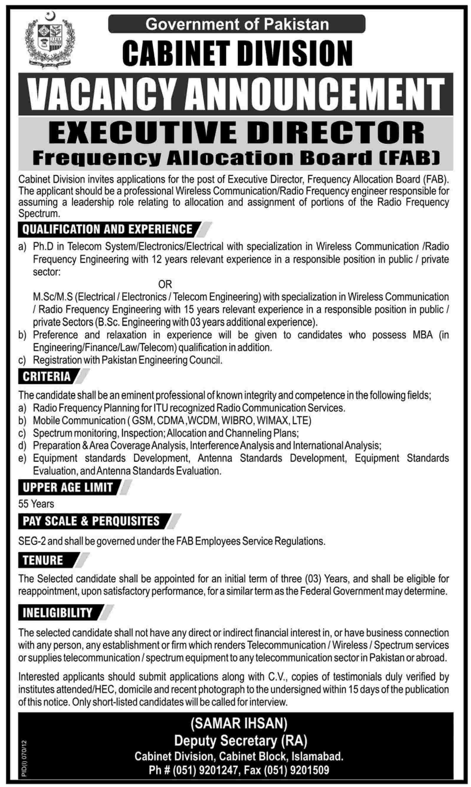 Cabinet Division Government of Pakistan Requires Executive Director (FAB) (Govt. jo)