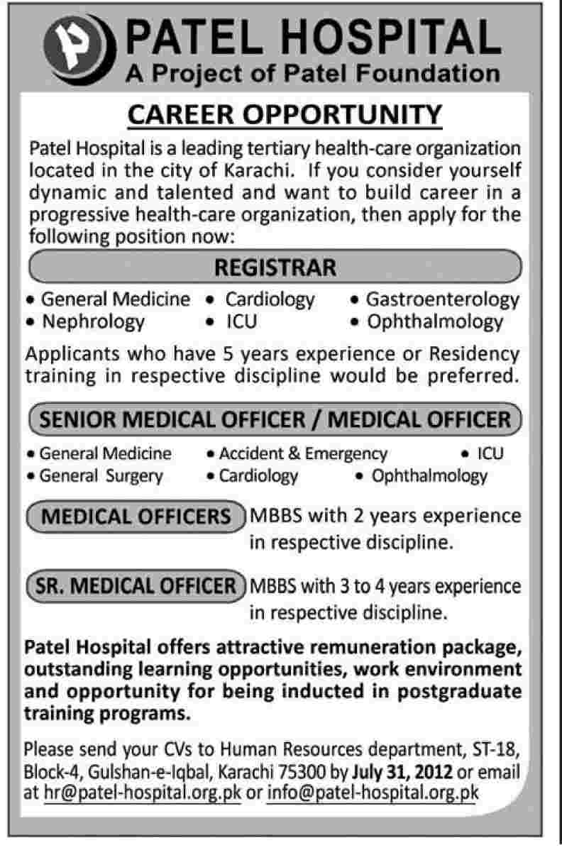 Patel Hospital Requires Registrars and Medical Officers