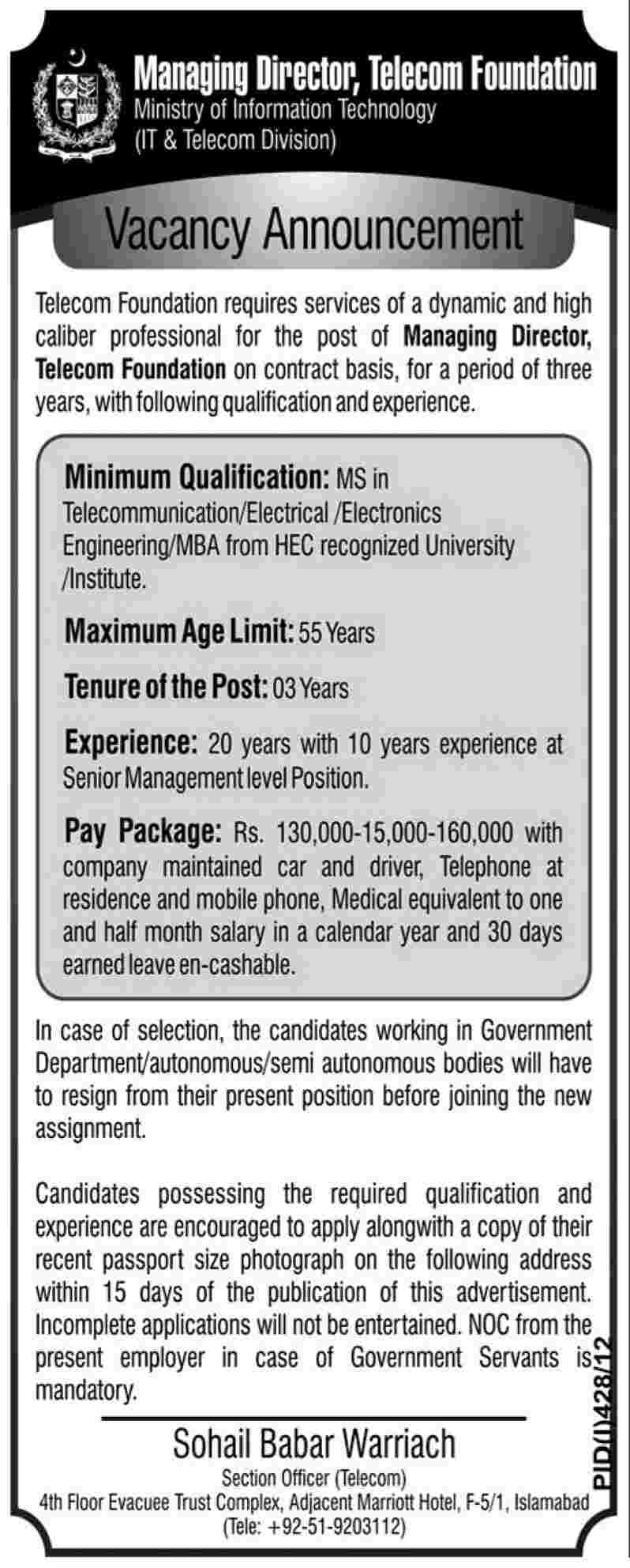 Telecom Foundation Requires Managing Director Under Ministry of Information Technology (Government Job)
