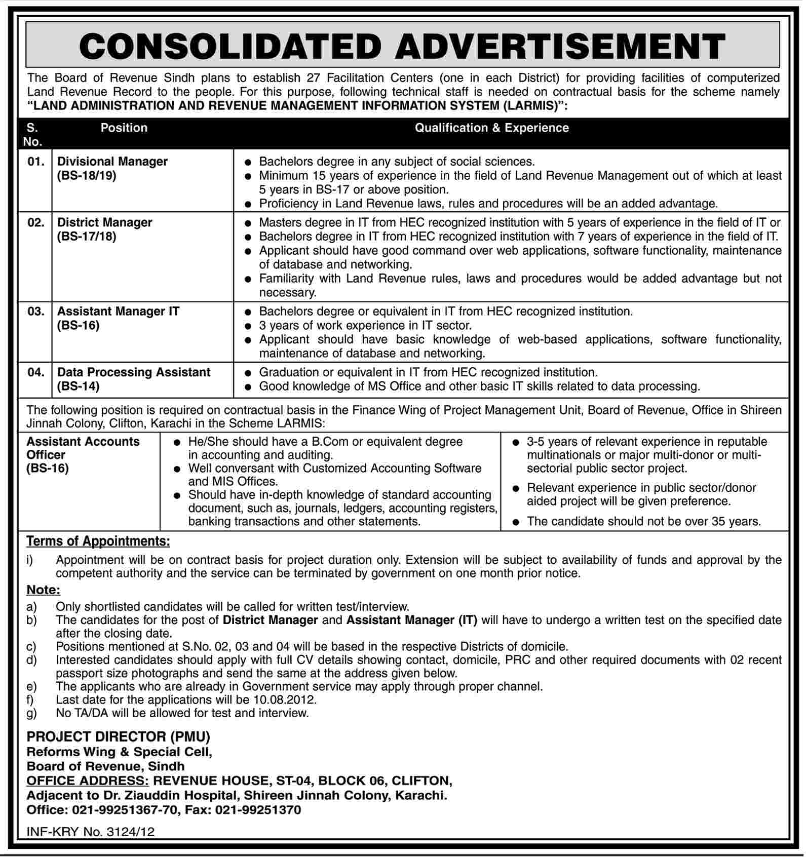 Board of Revenue Sindh Requires Accounts and Management Staff for LARMIS Project (Government Job)