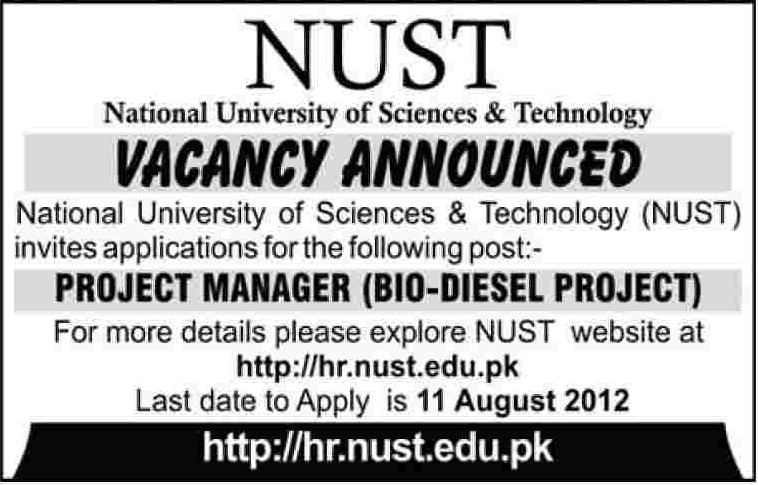 NUST National University of Science & Technology Requires Project Manager (Bio-Diesel Project)