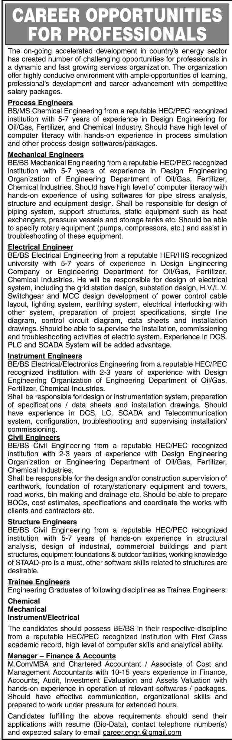 Engineering Professionals Manager Accounts Required Under Energy Sector Organization