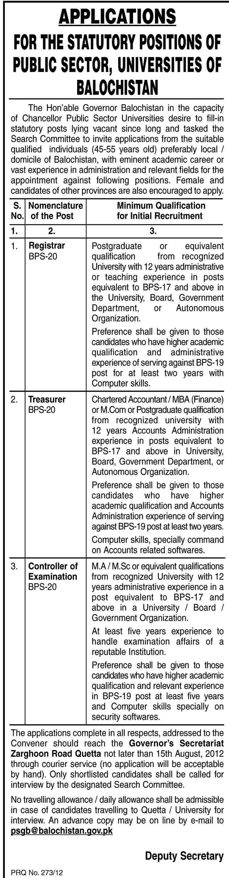 Non-Teaching Faculty Required for The Public Sector Universities of Balochistan (Government Job)
