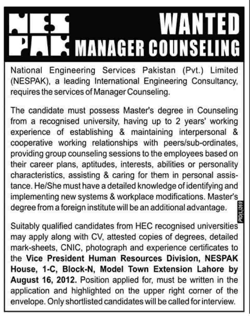 NESPAK Requires Services of Manager Counselling (Government Job)