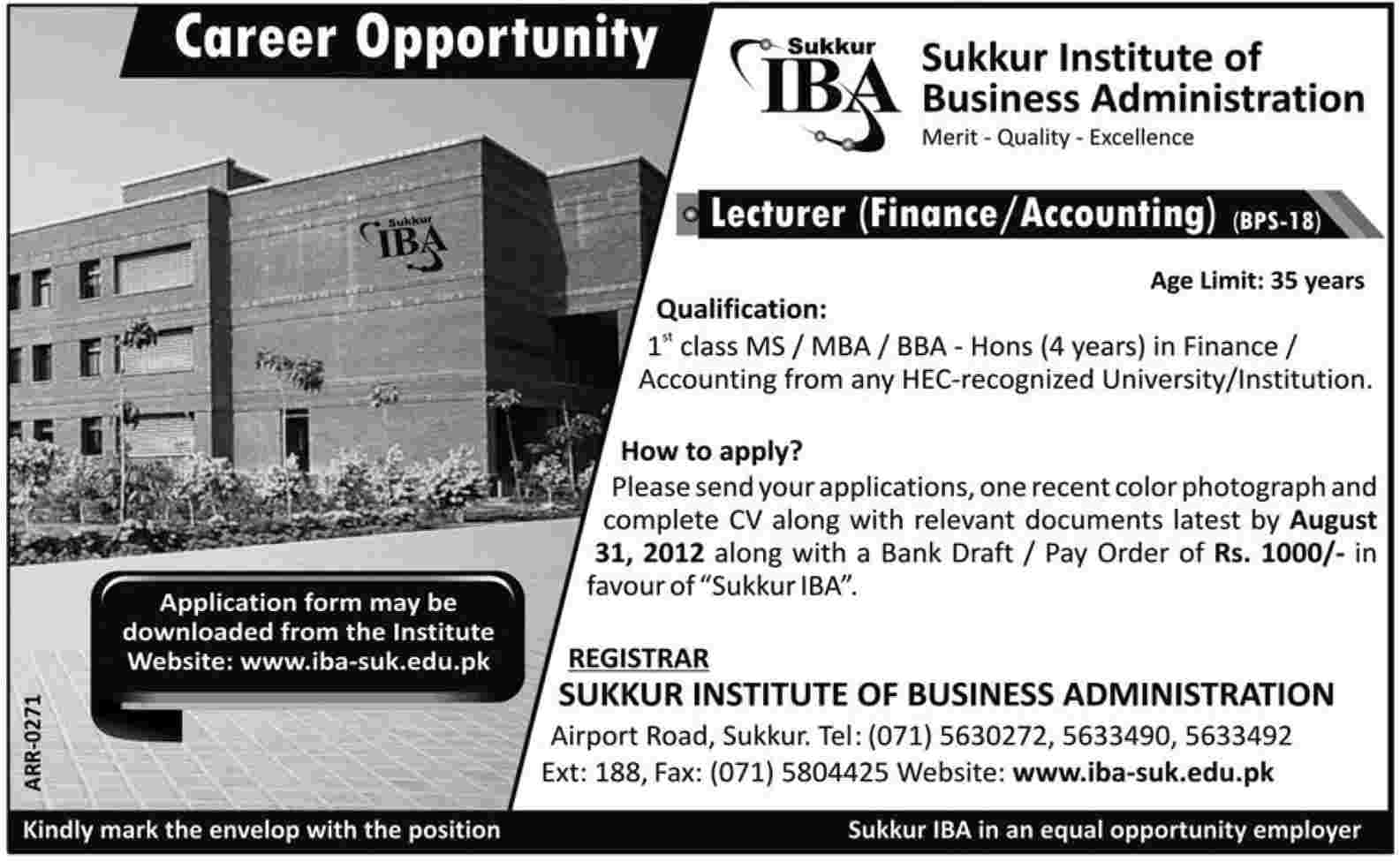 IBA Sukkur Institute of Business Administration Requires Lecturers
