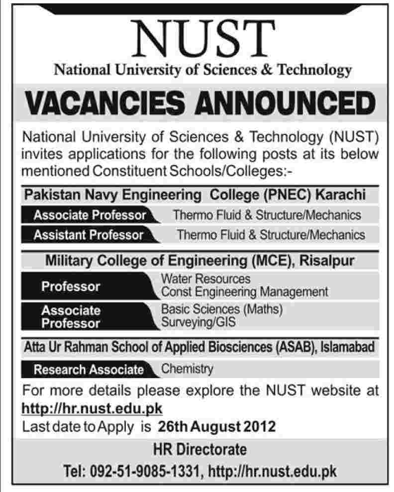 Teaching Faculty Required at NUST National University of Science & Technology