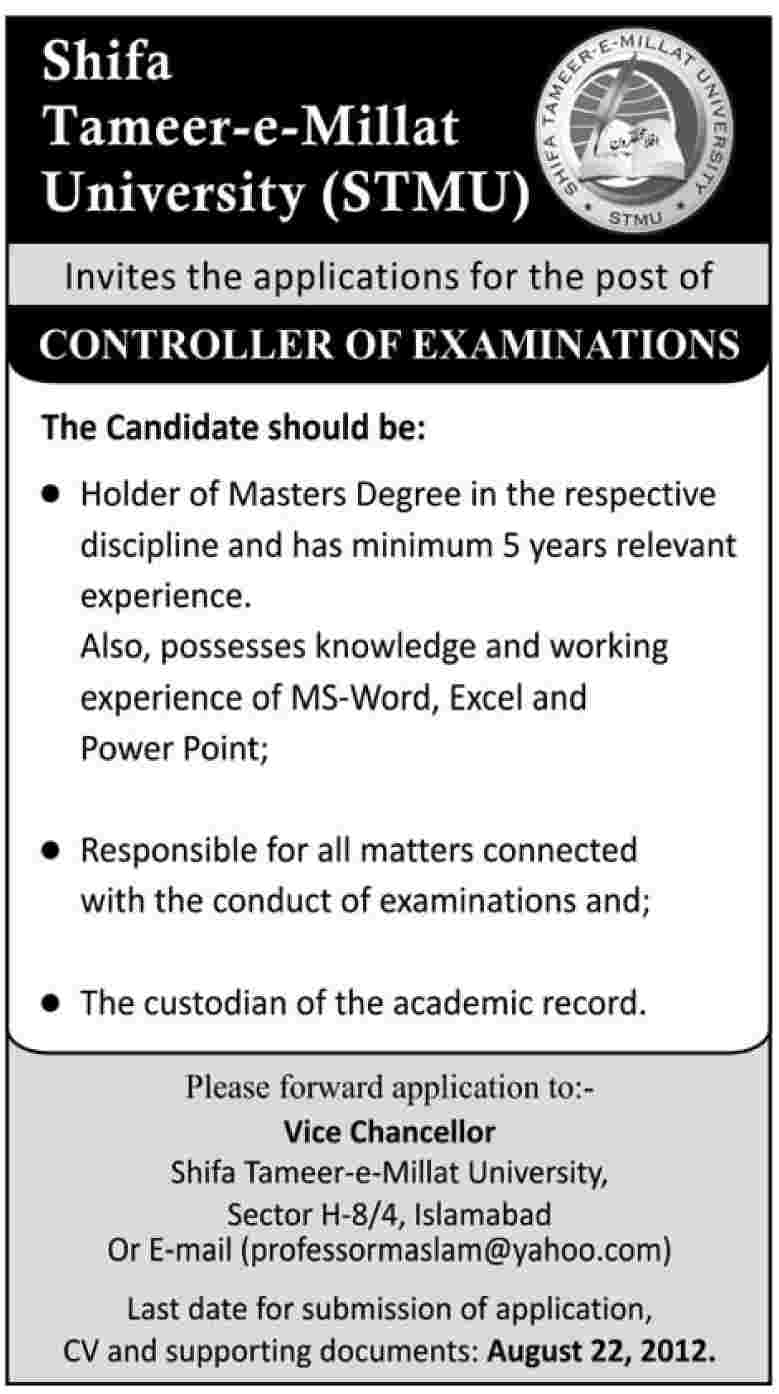 Shifa Tameer-e-Millat University (STMU) Requires Controller of Examinations
