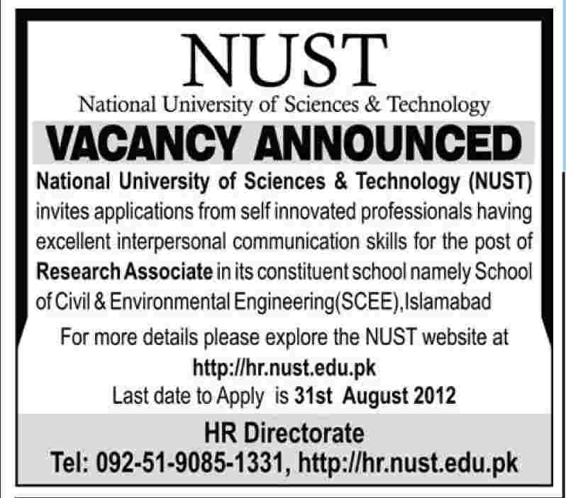 NUST School of Civil & Environmental Engineering (SCEE) Requires Research Associate