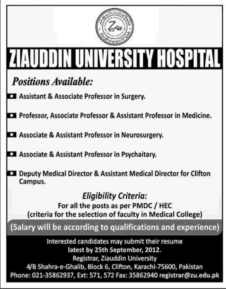 Ziauddin University Hospital Requires Medial Teaching Faculty
