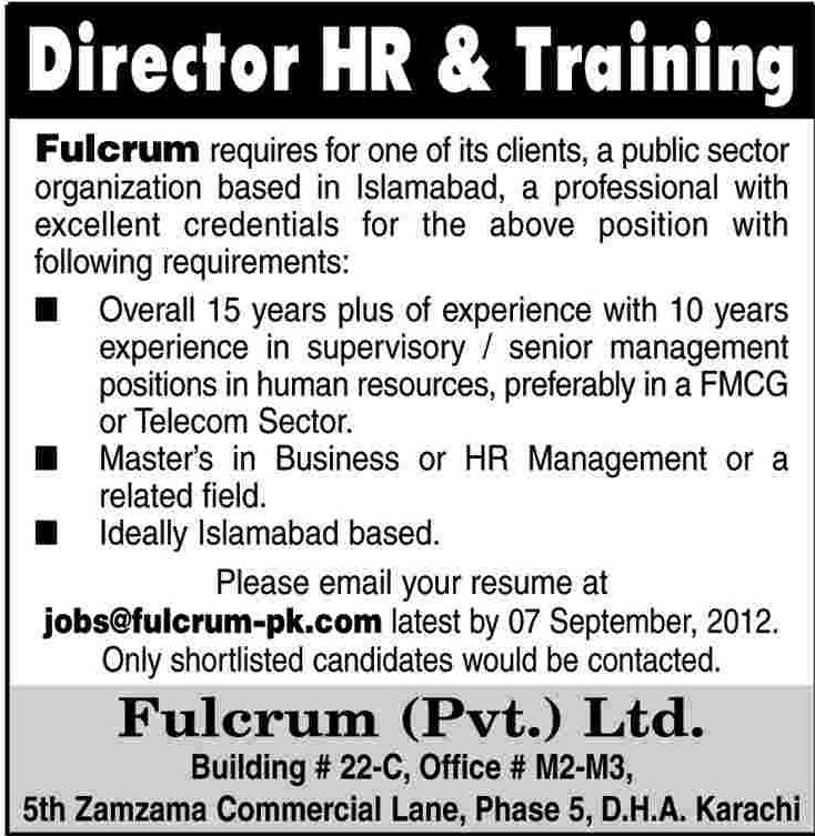 Director HR & Training Required by Fulcrum Company