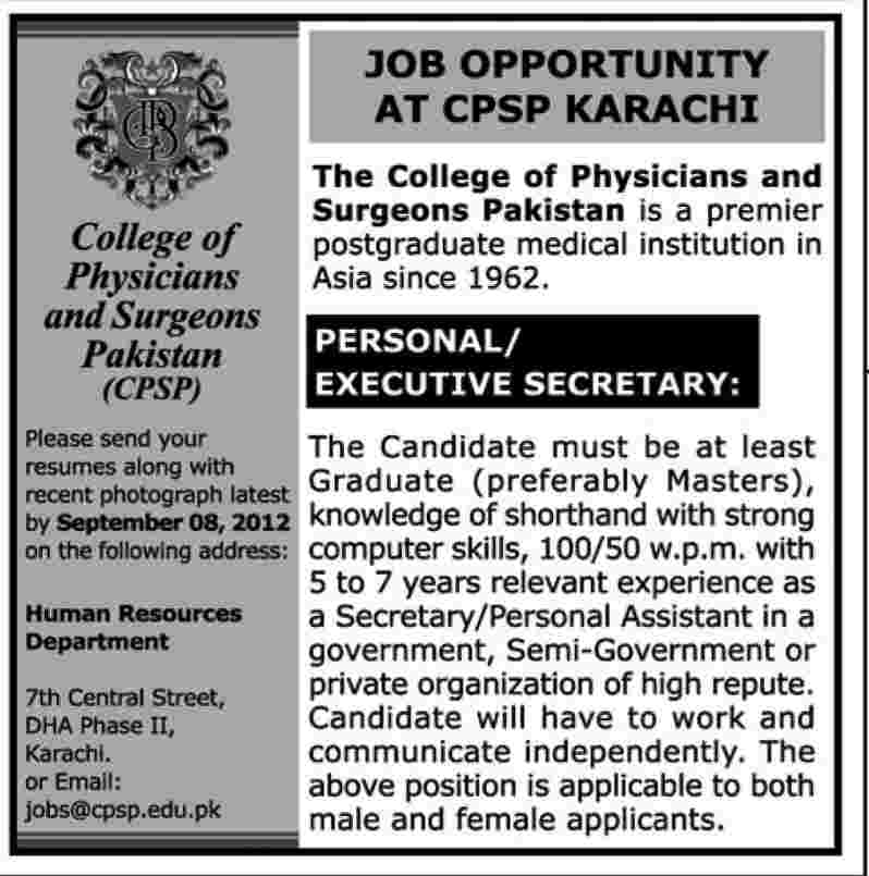 CPSP College of Physicians and Surgeons Pakistan Requires Personal/ Executive Secretary