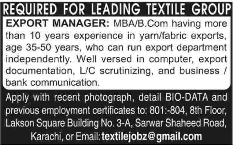 Export Manager Required for a Textile Group