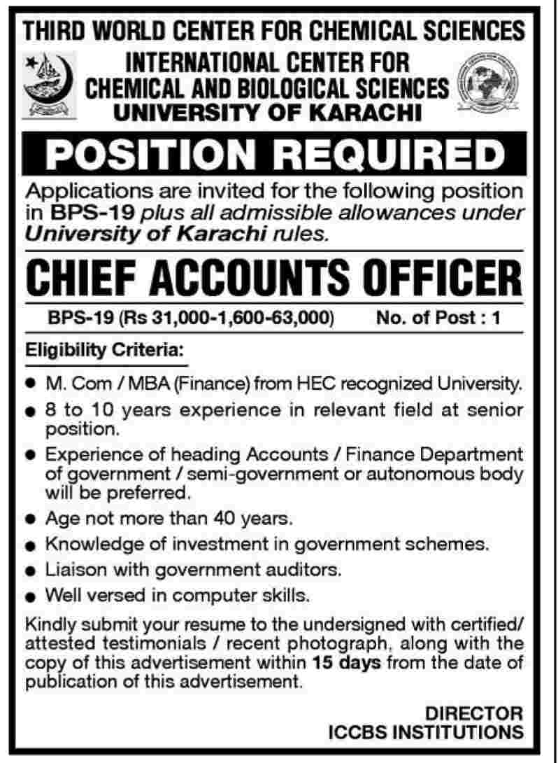 Chief Accounts Officer Required Under University of Karachi (Government Job)