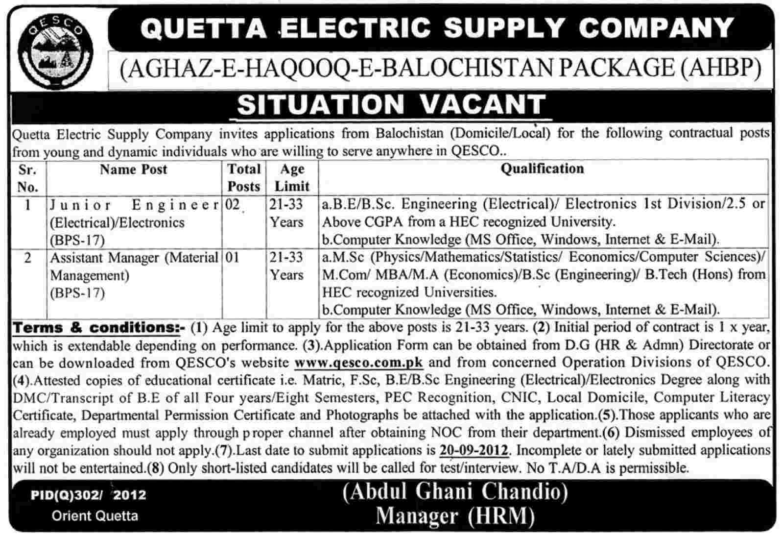 QESCO Quetta Electric Supply Company Requires Junior Engineer and Assistant Manager (Government Job)