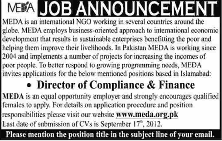 MEDA an NGO Requires Director of Compliance & Finance (NGO jobs)