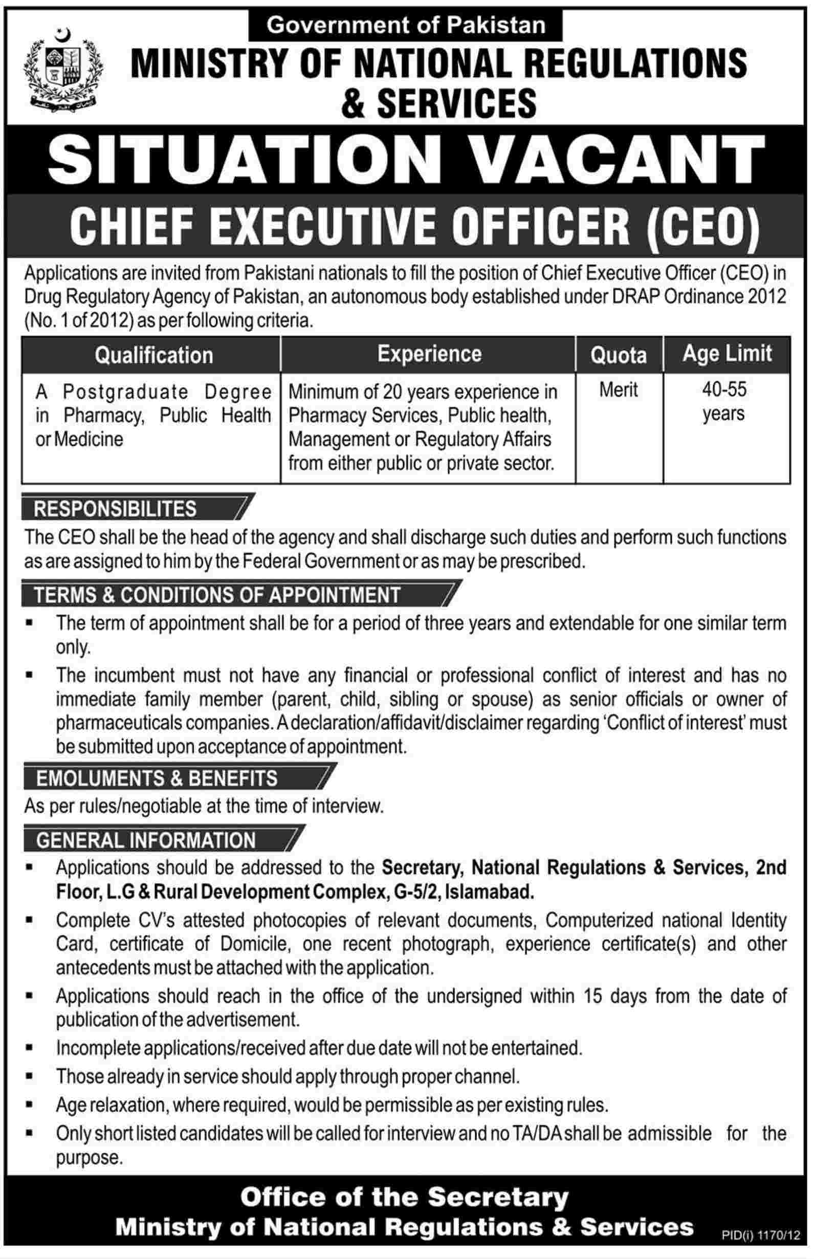 Ministry of National Regulations & Services Requires Chief Executive Officer (Government Job)