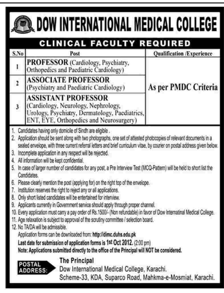 DOW International Medical College Requires Teaching Faculty