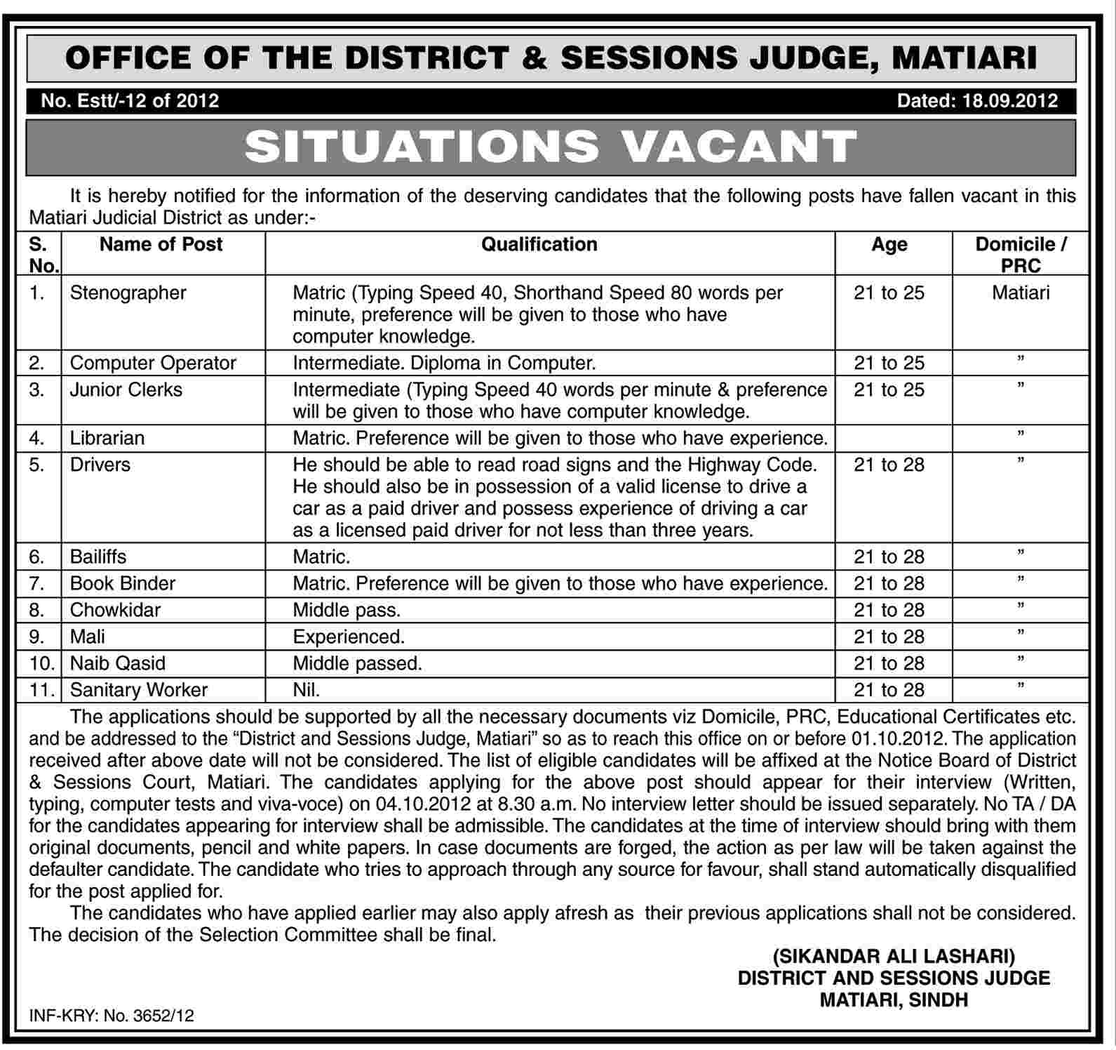 Clerical and Support Staff Required at The Office of District and Session Judge Matyari (Government Job)