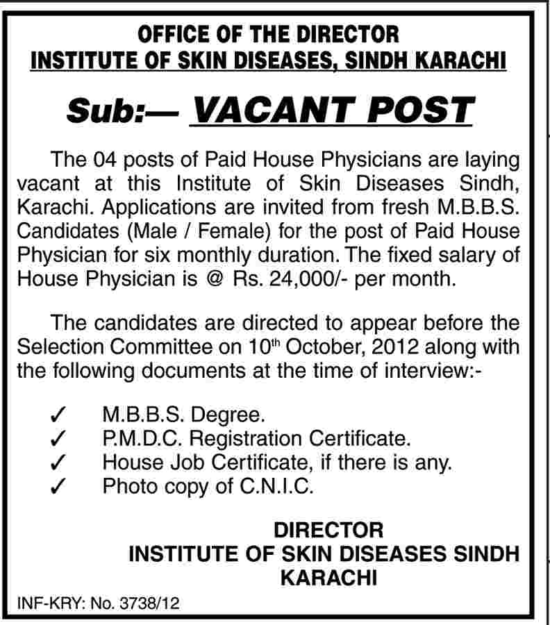 Institute of Skin Diseases Sindh Requires House Physicians