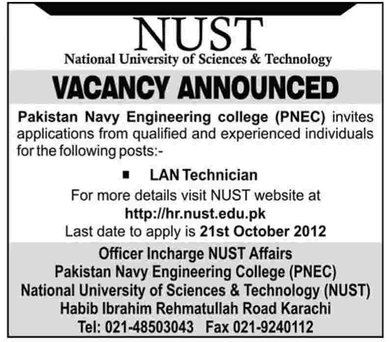 NUST Pakistan Navy Engineering College (PNEC) Requires LAN Technician