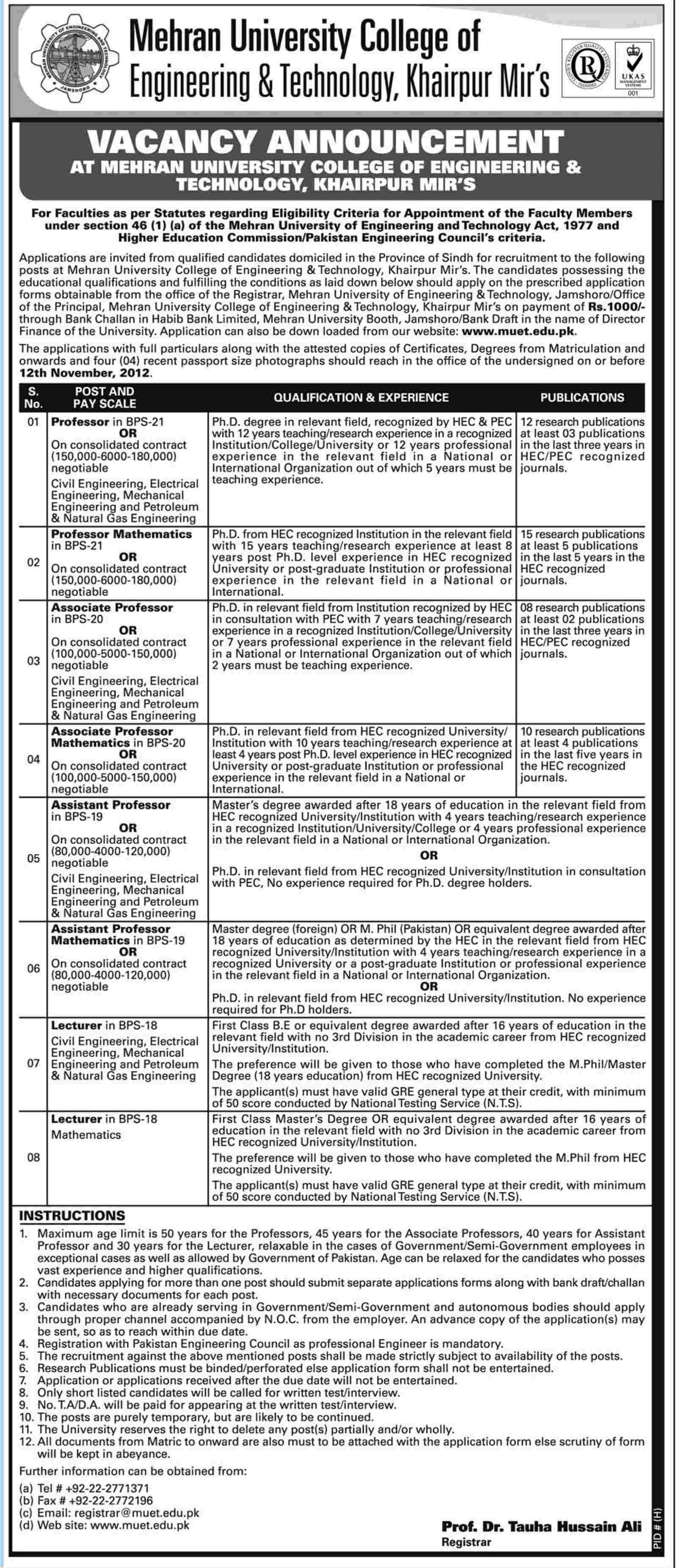 Mehran University College of Engineering and Technology Jobs