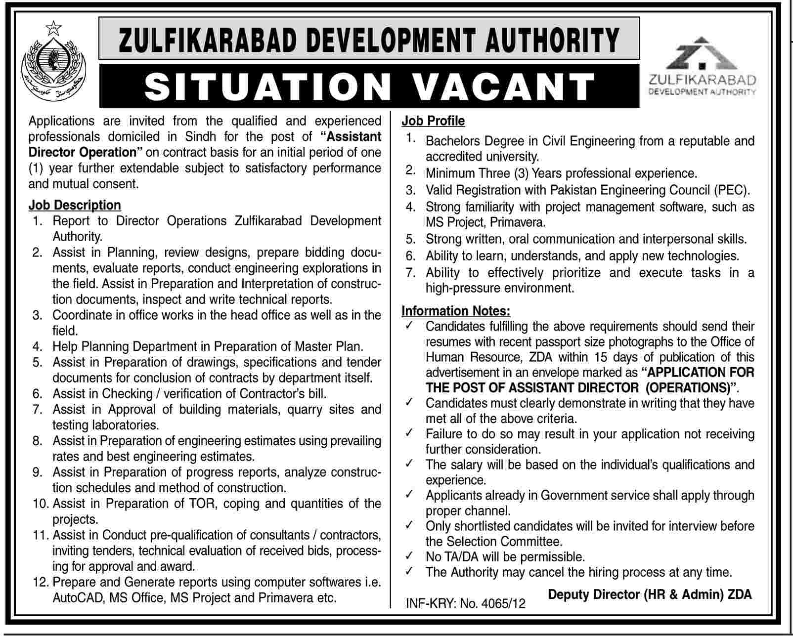 Zulfikarabad Development Authority (ZDA) Requires Assistant Director Operation