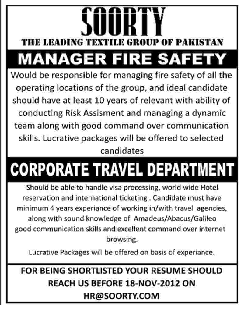 Soorty Textile Group Requires Fire Safety Manager & Other Staff