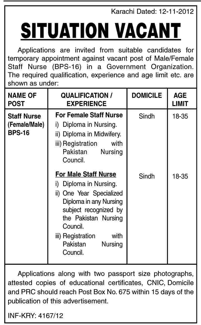 Staff Nurses Required in a Government Organization of Karachi